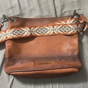 Wrangler Brown Leather Shoulder Bag with Patterned Orange Strap